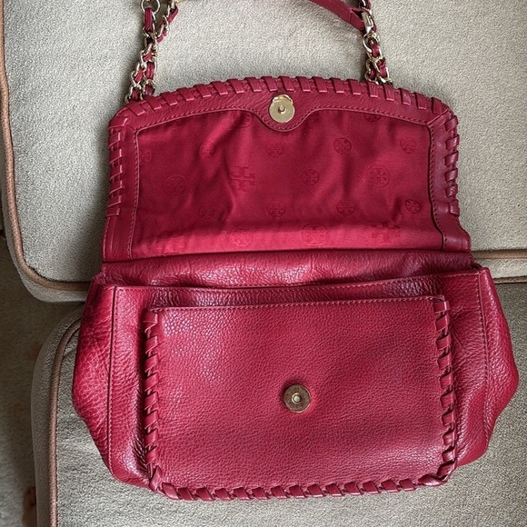 Tory Burch Genuine Leather Red Saddle Bag Gold Tone Chain Woven Shoulder Purse - Picture 9 of 16